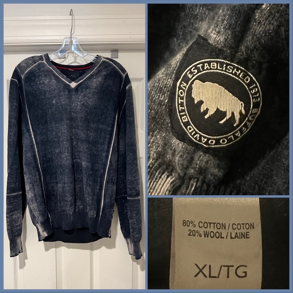 Buffalo David Bitton Men's Distressed Navy V-Neck Sweater XL